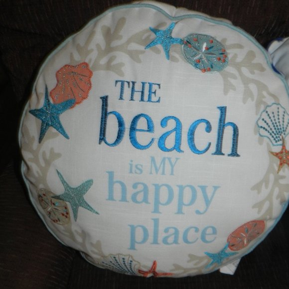Seashells Beach "The Beach is my Happy Place " Quote Pillow Round NWT - Picture 2 of 13